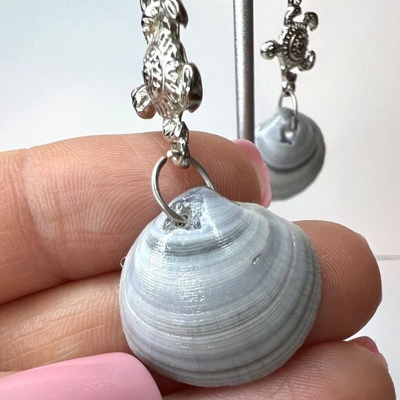 Dangle Earrings Genuine Handcrafted Seashell Turtle Blue Gray Coastal Beach - Picture 8 of 15